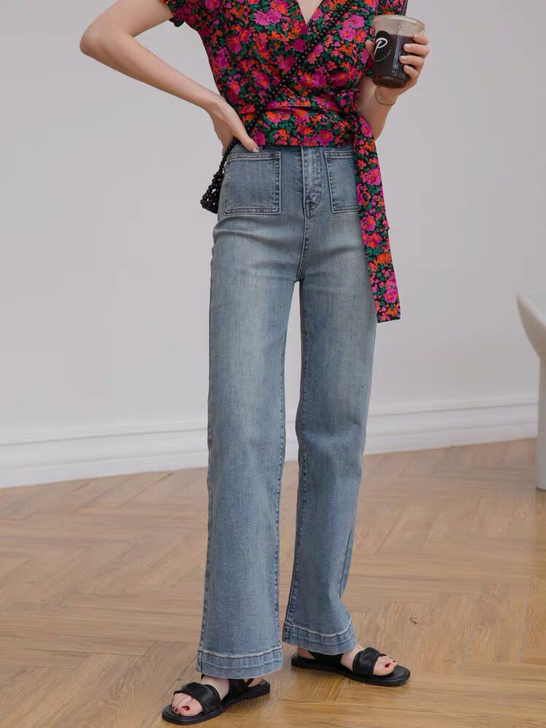 你好卡农高腰牛仔裤女直筒宽松复古做旧显瘦阔...