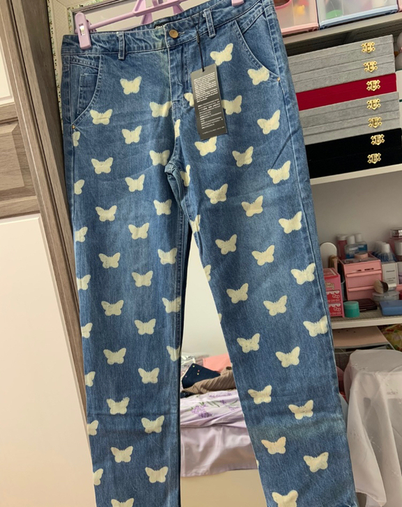 古着童趣可爱白色蝴蝶印花蓝色直筒修身九分牛...
