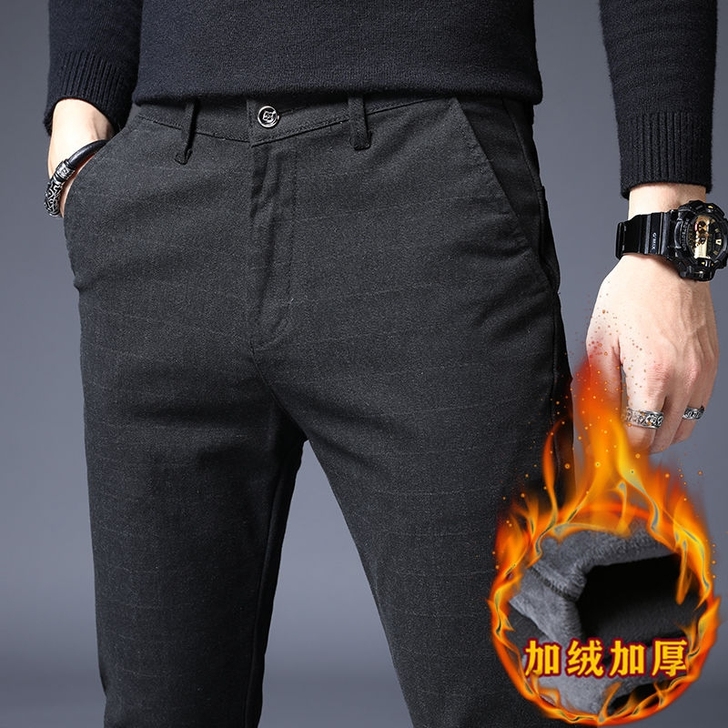 秋冬季格子休闲裤男加绒直筒宽松裤子男修身商...