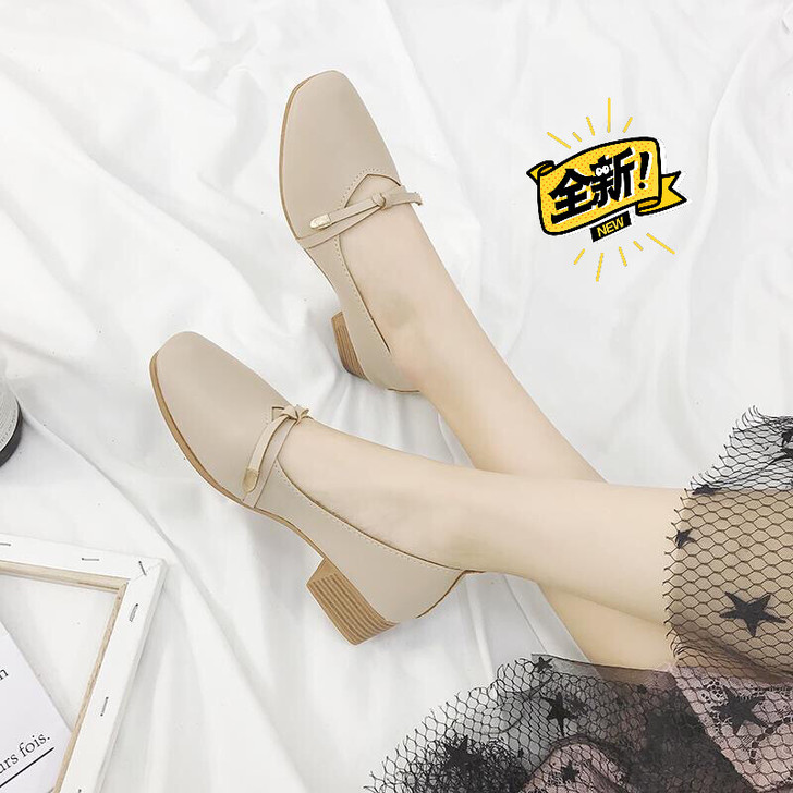 2021春新款粗跟奶奶鞋中跟复古玛丽珍鞋蝴...