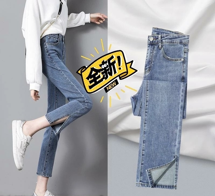 实体不干了处理开叉牛仔裤，女夏直筒宽松春夏...