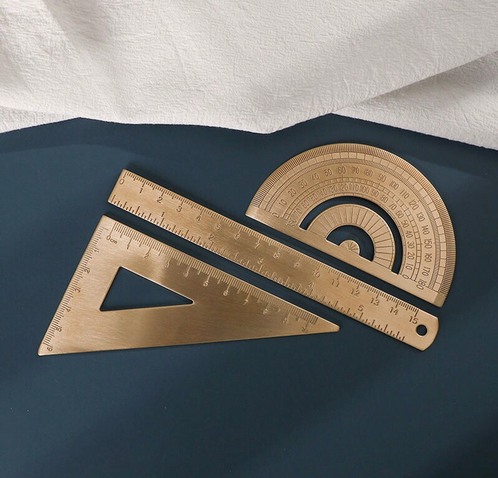 开学季黄铜尺三件套铜尺子三角板量角器学生文...