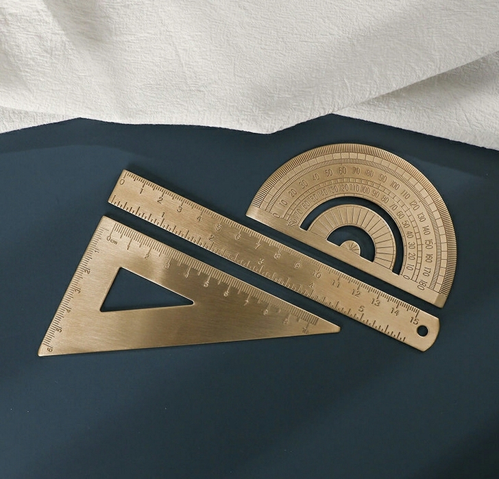 开学季黄铜尺三件套铜尺子三角板量角器学生文...