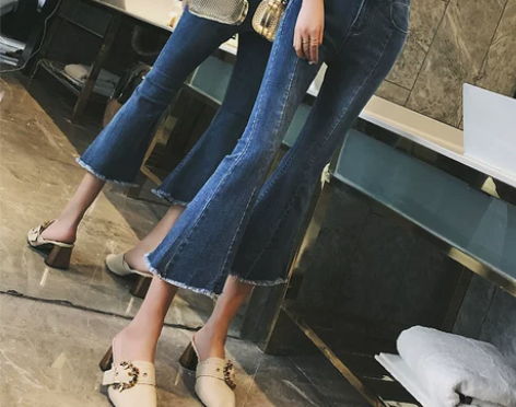 七分牛仔裤女喇叭裤高腰春秋2018新款八分...