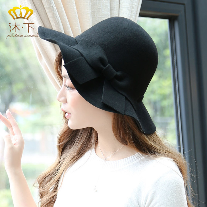 羊毛呢帽子女秋冬季休闲百搭优雅蝴蝶结大檐礼...