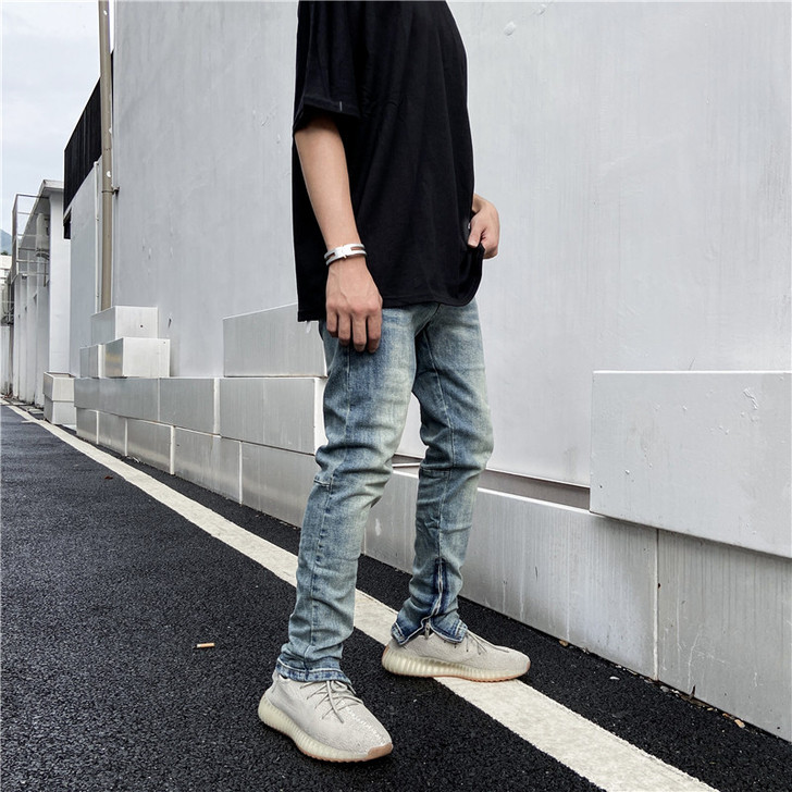 门徒 欧美高街基础弹力水洗做旧裤脚拉链牛仔...