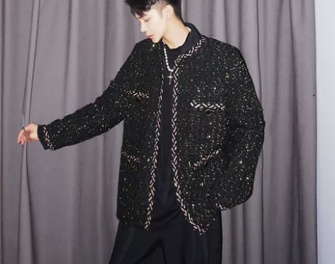 秋冬款网红小香风呢料西装男宽松韩版时髦亮丝...