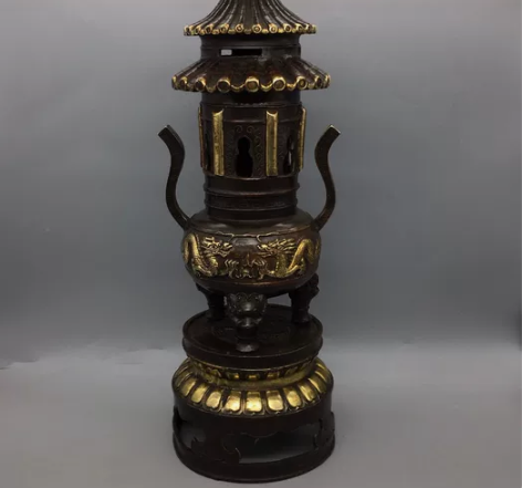 古玩铜器收藏鎏金香炉大号三体塔熏香炉老物件...