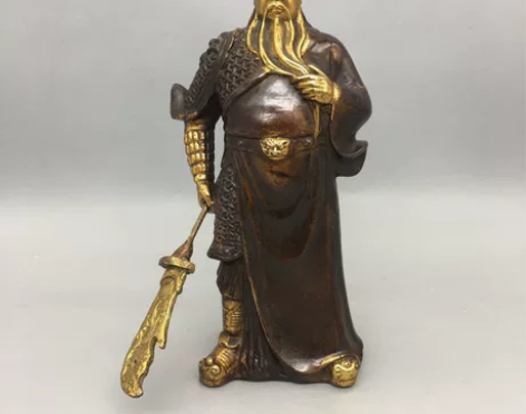 古玩铜器收藏鎏金关公武财神站像摆件 工艺精...
