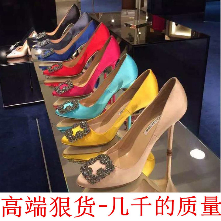 尖头水钻方扣mb高跟鞋细跟绸缎面平底单鞋女...