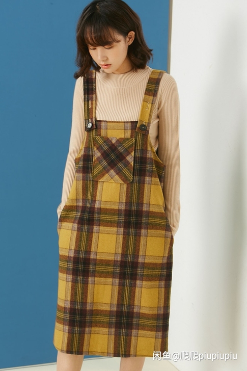 包邮全新 毛呢格子背带裙