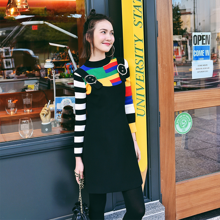 冬款韩版时尚背带裙黑色百搭连衣裙##amp...