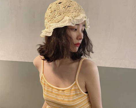 日系仙仙手工雪纺蕾丝边草帽女夏拼接镂空荷叶...