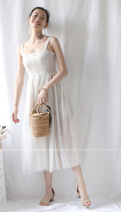 晚泽 连衣裙度假风重工钉珠刺绣吊##amp...