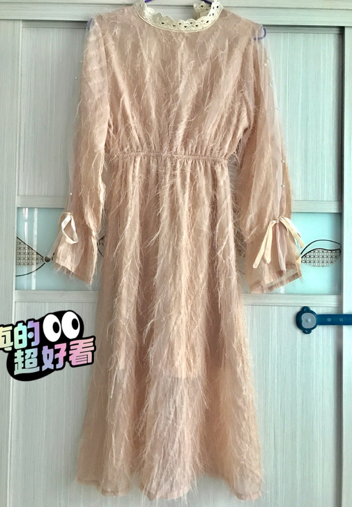 粉色灯笼绑袖纱裙  连衣裙  中长裙 S码