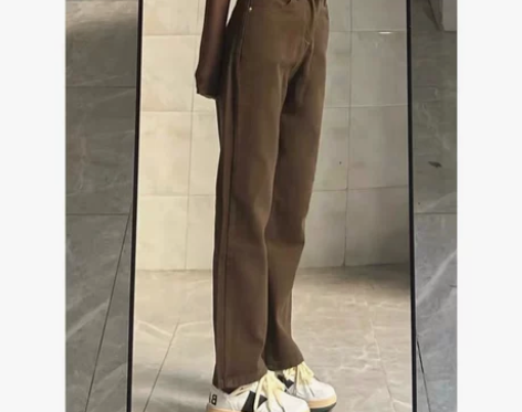 咖色复古牛仔裤女秋冬新款小个子高腰设计感小...