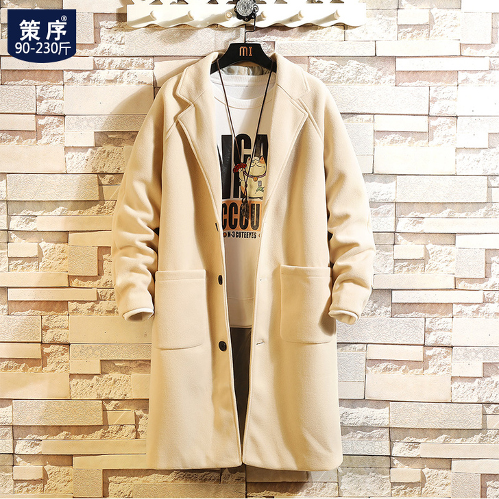 秋冬季潮流口袋男士呢子大衣胖子宽松加肥加大...