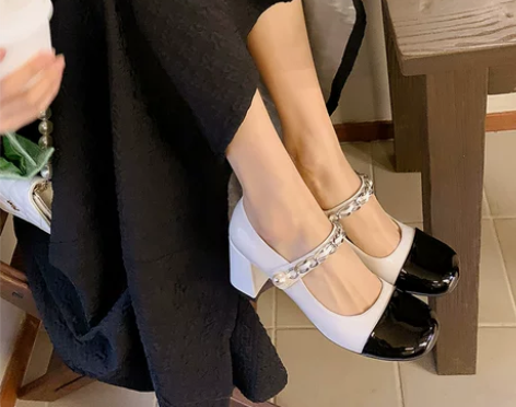 单鞋miu玛丽珍女鞋复古高跟中跟黑白法式