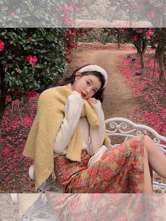 范智乔 复古油画玫瑰裙女秋冬中长款a字高腰...