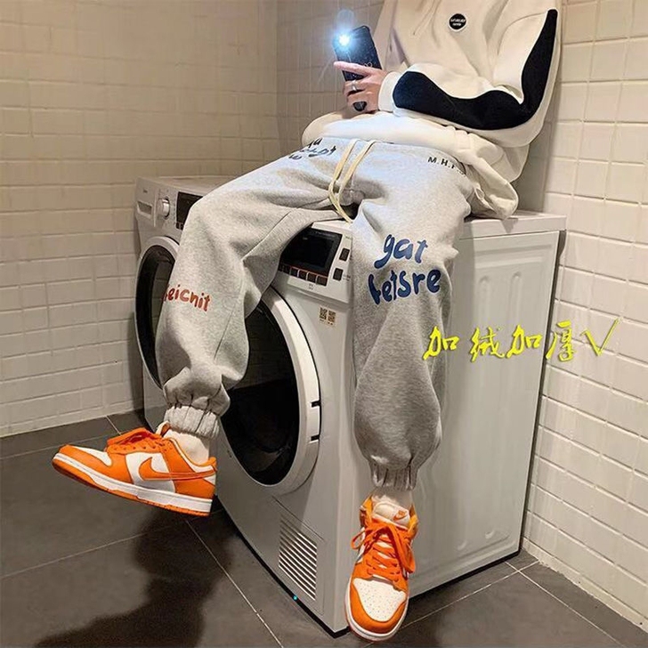 加绒裤子男冬季加厚字母高街运动宽松休闲裤潮...