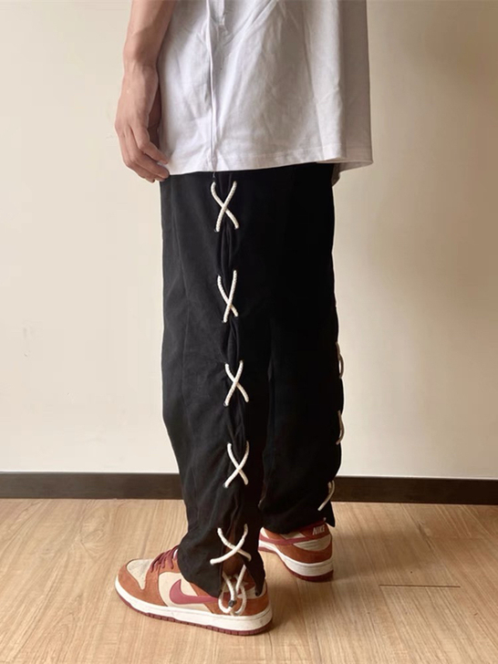 OPUP长裤男休闲裤夏薄款黑色垂感绑带宽松...