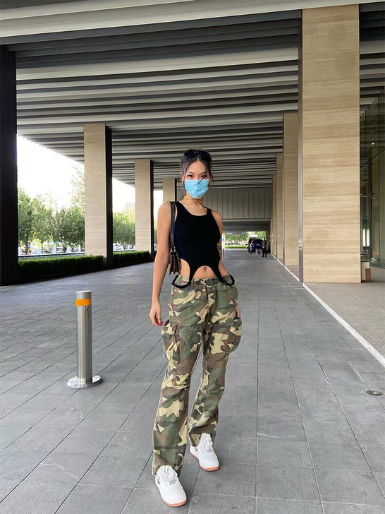 VanessaLab 高街中低腰迷彩做旧宽...