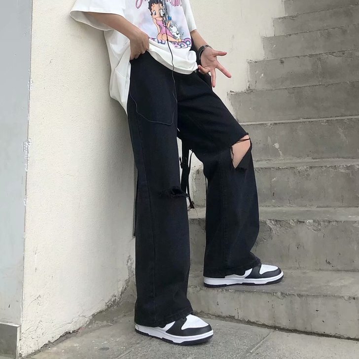 ins嘻哈高街潮牌复古老爹裤膝盖破洞休闲直...