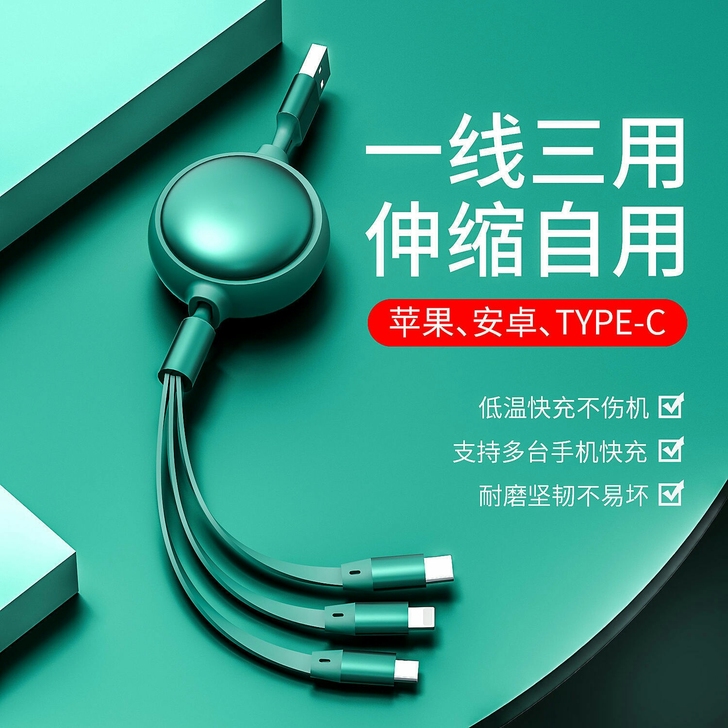 手机充电线三合一伸缩数据线6A快充66W一...