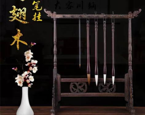 文房四宝复古龙头大号鸡翅木实木红木毛笔架收...