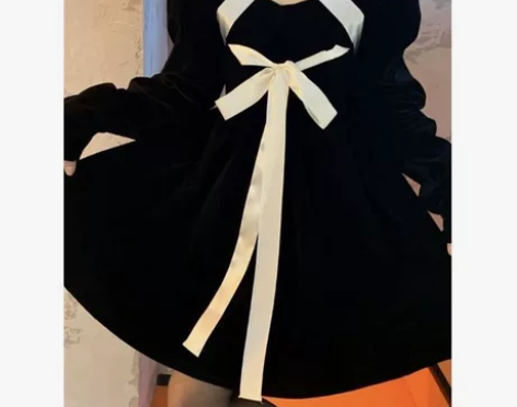 【设计感绑带蝴蝶结收腰复古法式丝绒连衣裙女...