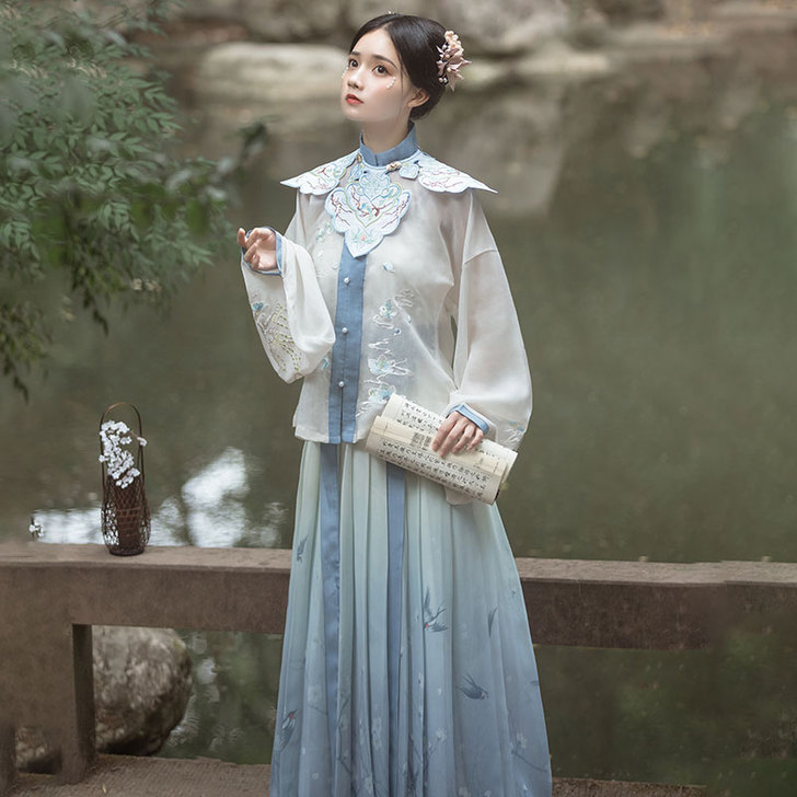 桔屿原创汉服女玉骨云肩明制立领对襟短衫中国...