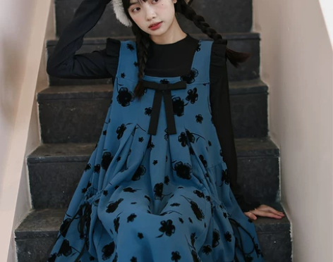 芝士日夜阑珊方领碎花背带裙甜美日系蝴蝶结套...