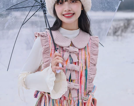 芝士日彩虹魔法灯芯绒背带裙秋冬日系娃娃领条...