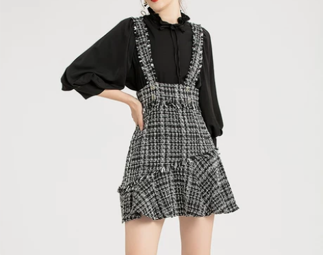 泡泡袖套装黑色背带裙修身两件套小香风连衣裙...