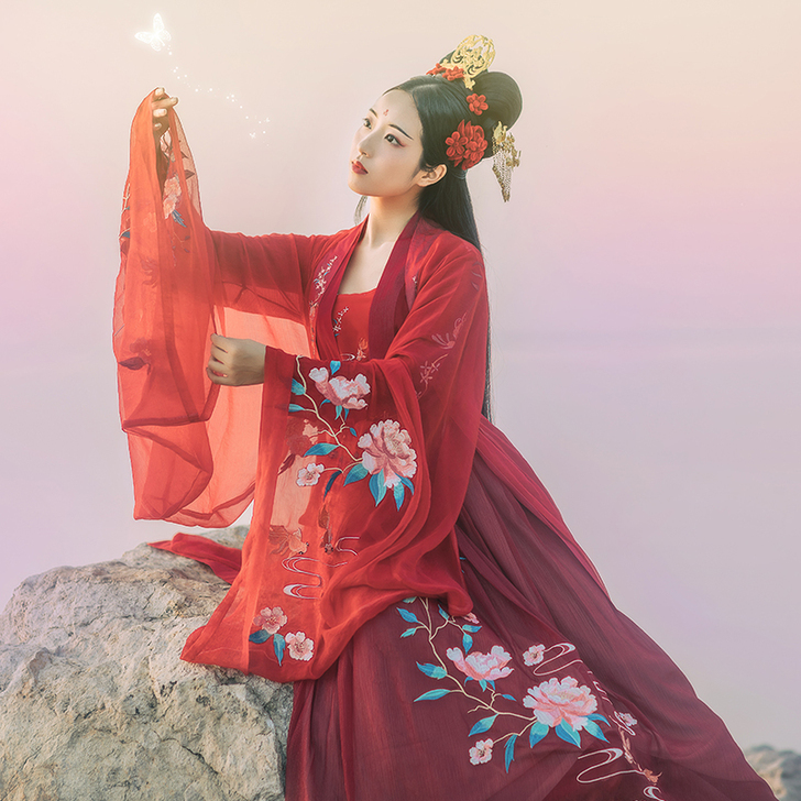 上林花锦 花朝记汉服红色对襟齐腰4.5m裙...
