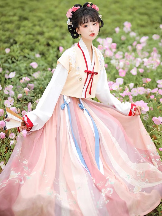 汉服女正品原创改良唐制褙子齐腰褶裙日常白菜...