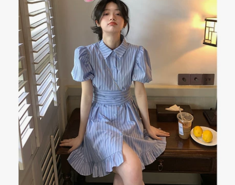 VASSE 条纹泡泡袖polo连衣裙子女小...