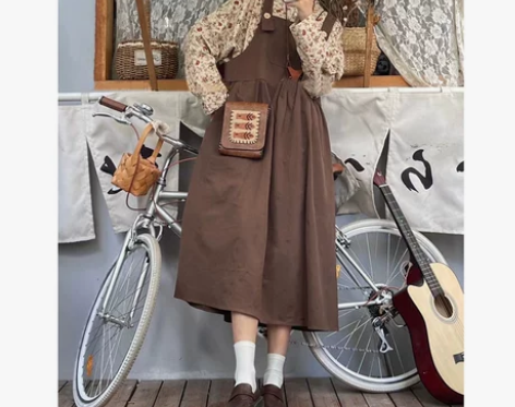 自制棕色奶fufu背带裙女日系工装可爱风
