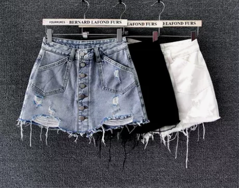 半身裙裤裙牛仔裙破洞排扣韩版包身裙子内衬超...