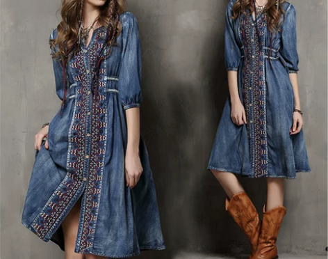 牛仔连衣裙夏季2021年新款中国风大码重工...