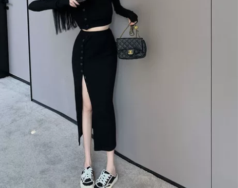 天姿优雅港风开叉半身裙纽扣套装女短款修身长...