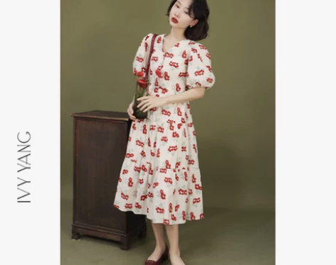 IVYYANG 小红花绑带连衣裙女夏季复古...
