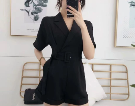 春夏新款小心机西装短裤阔腿高腰连衣裤套装女...