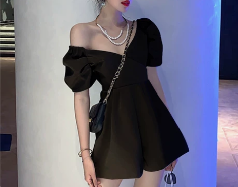 2021新款泡泡袖一字肩连体裤女夏薄款气质...