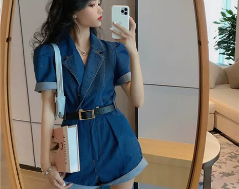 港风复古牛仔连体裤女夏季小个子高腰宽松阔腿...