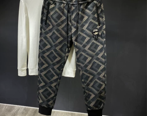 菱形花纹设计款潮牌休闲裤男潮流束脚运动裤秋...