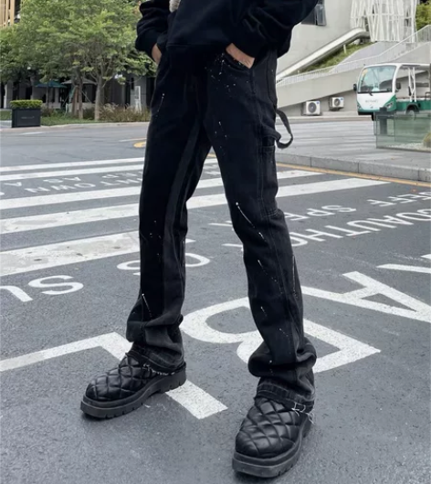 拼接喇叭牛仔裤 gallery泼墨拖地直筒...