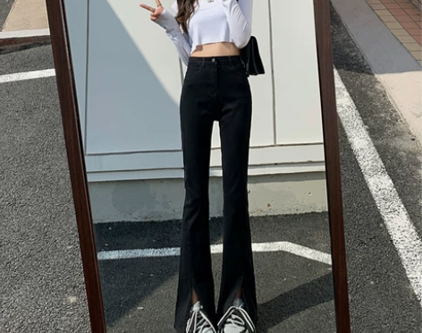 ?黑色微喇开叉牛仔裤女2022年春款拖地鱼...