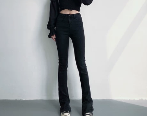 黑色马蹄裤高腰显瘦垂感微喇叭弹力170高个...