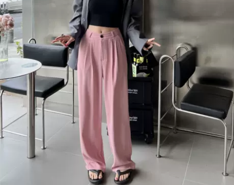 LANAINV粉色雅痞西装裤高腰垂感阔腿裤...